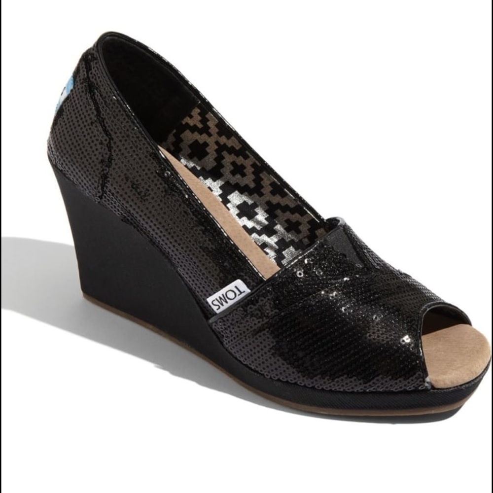 Toms Black Sequin Wedge Heels
